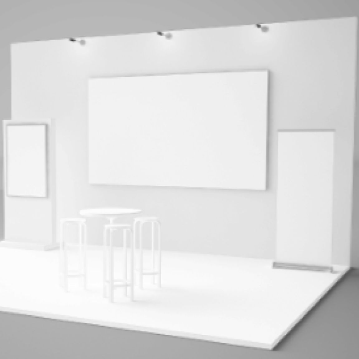 A blank exhibition display stand setup featuring an empty backdrop and open stand area, showing the layout of a typical exhibition stand ready for custom graphics, branding, and printed displays.