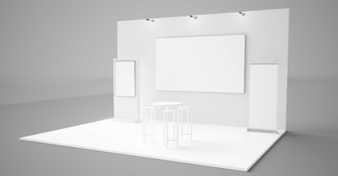 A blank exhibition display stand setup featuring an empty backdrop and open stand area, showing the layout of a typical exhibition stand ready for custom graphics, branding, and printed displays.