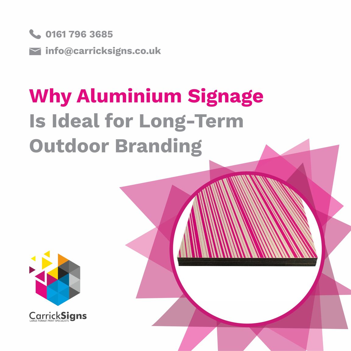 Printed aluminium board featuring Carrick Signs branding and full-colour graphics.