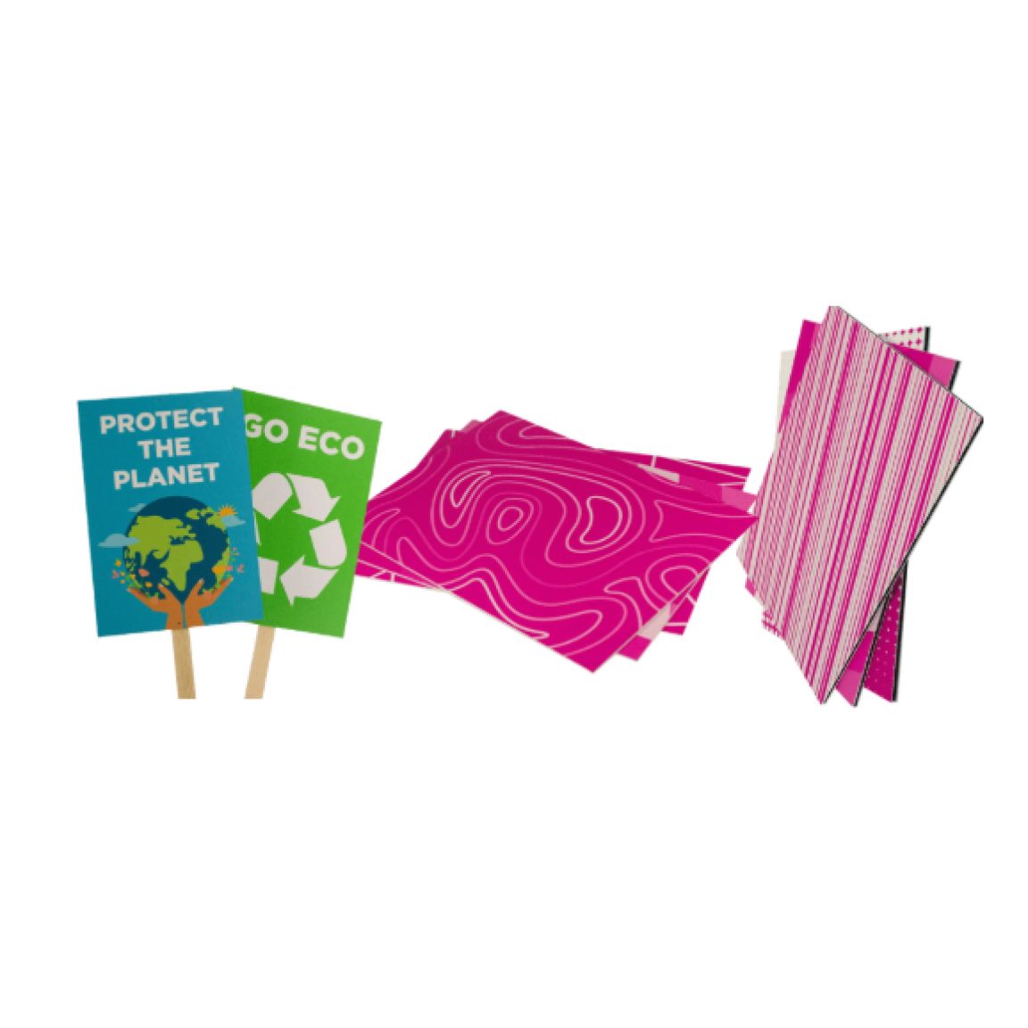 A composition of sustainable signage created with eco-friendly materials from Carrick Signs