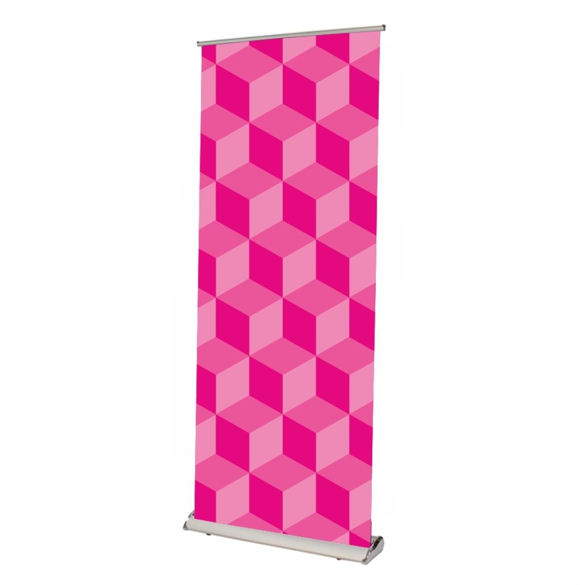 Deluxe roller banner stand with a pink geometric printed graphic, showing a premium pull-up display designed for exhibitions, trade shows and branded events.