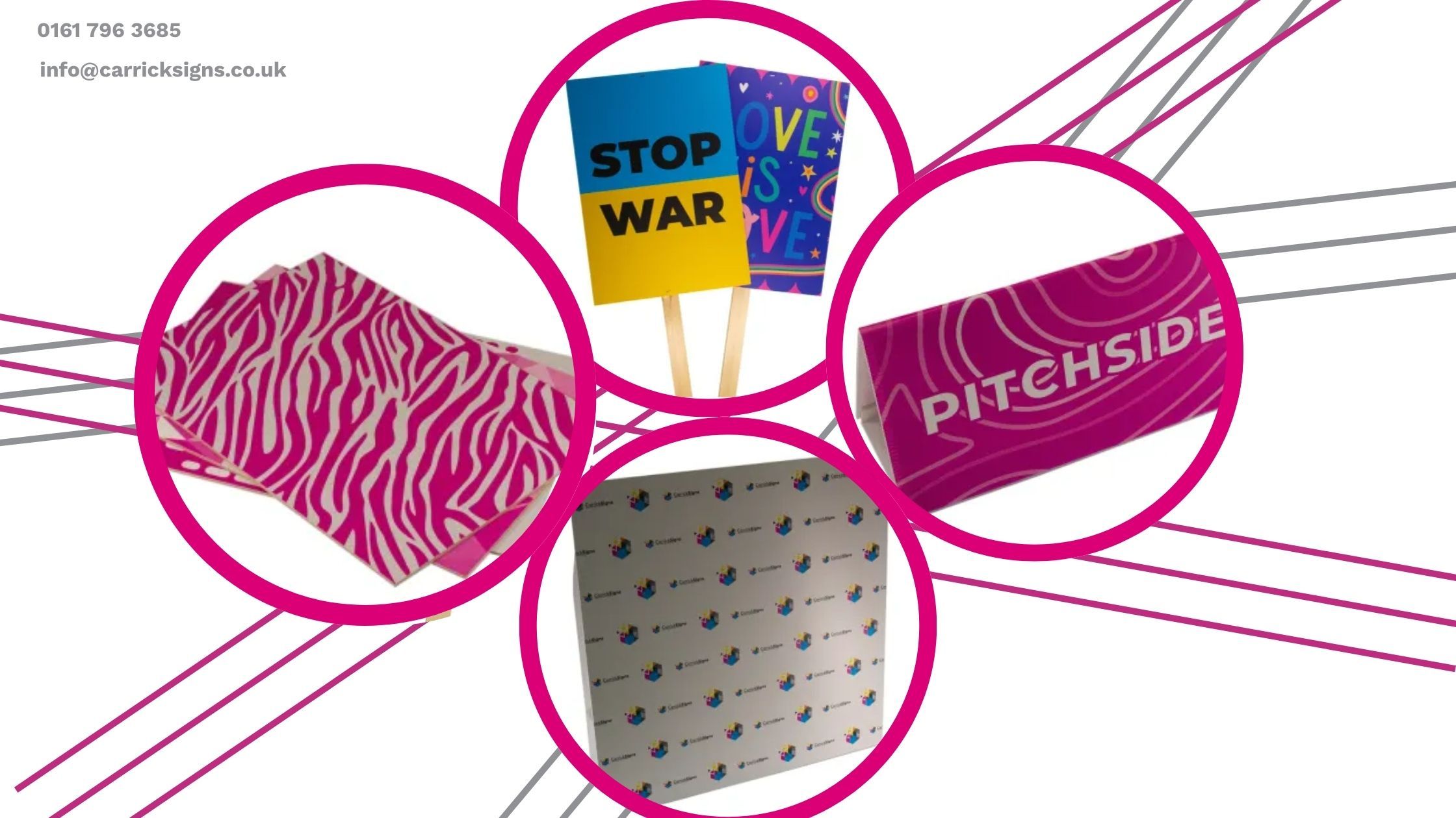 A selection of indoor and outdoor signage options, including printed placards, pitchside toblerones and photo backdrops.