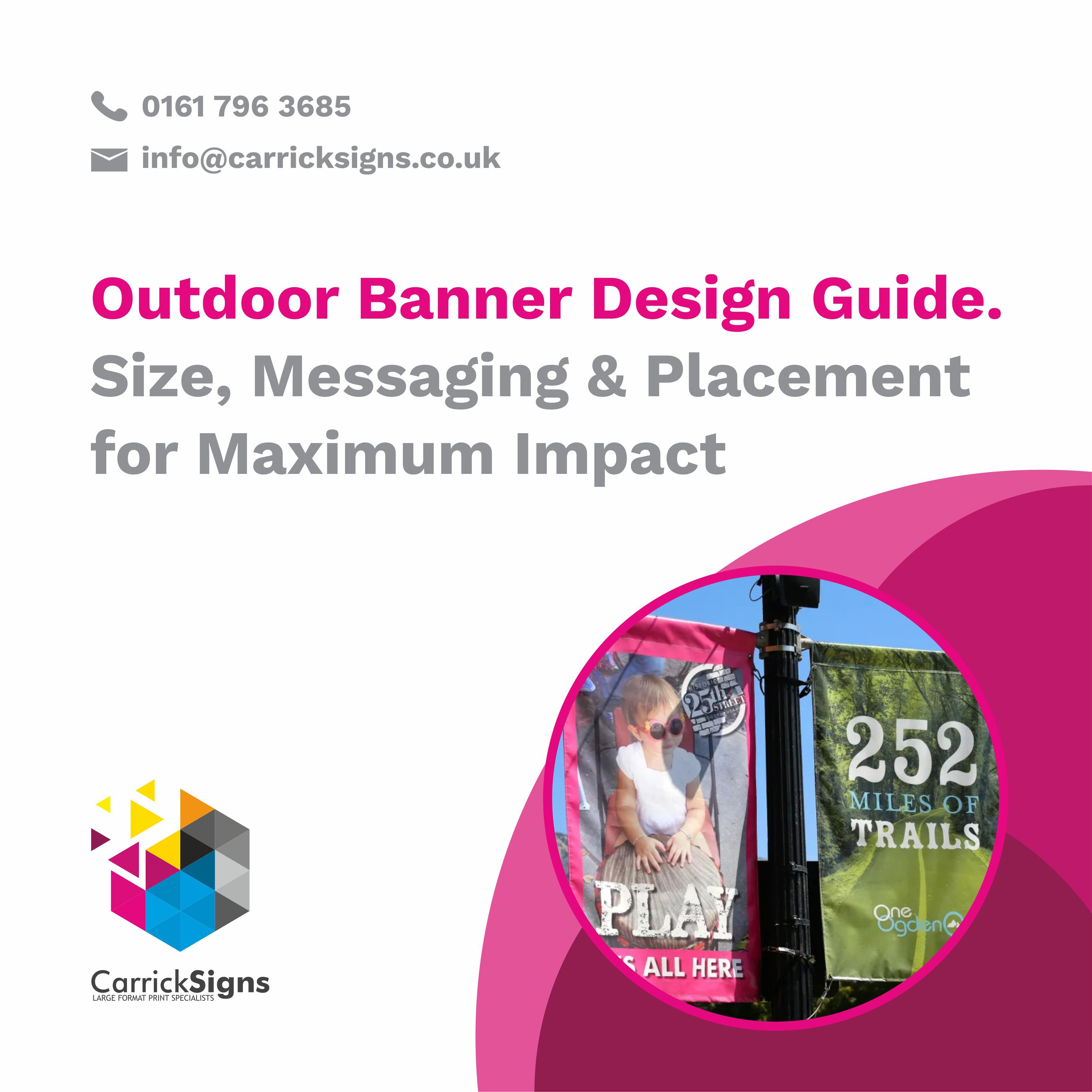 Two outdoor banners hanging side by side with clear imaging and text to catch the eye of potential consumers.