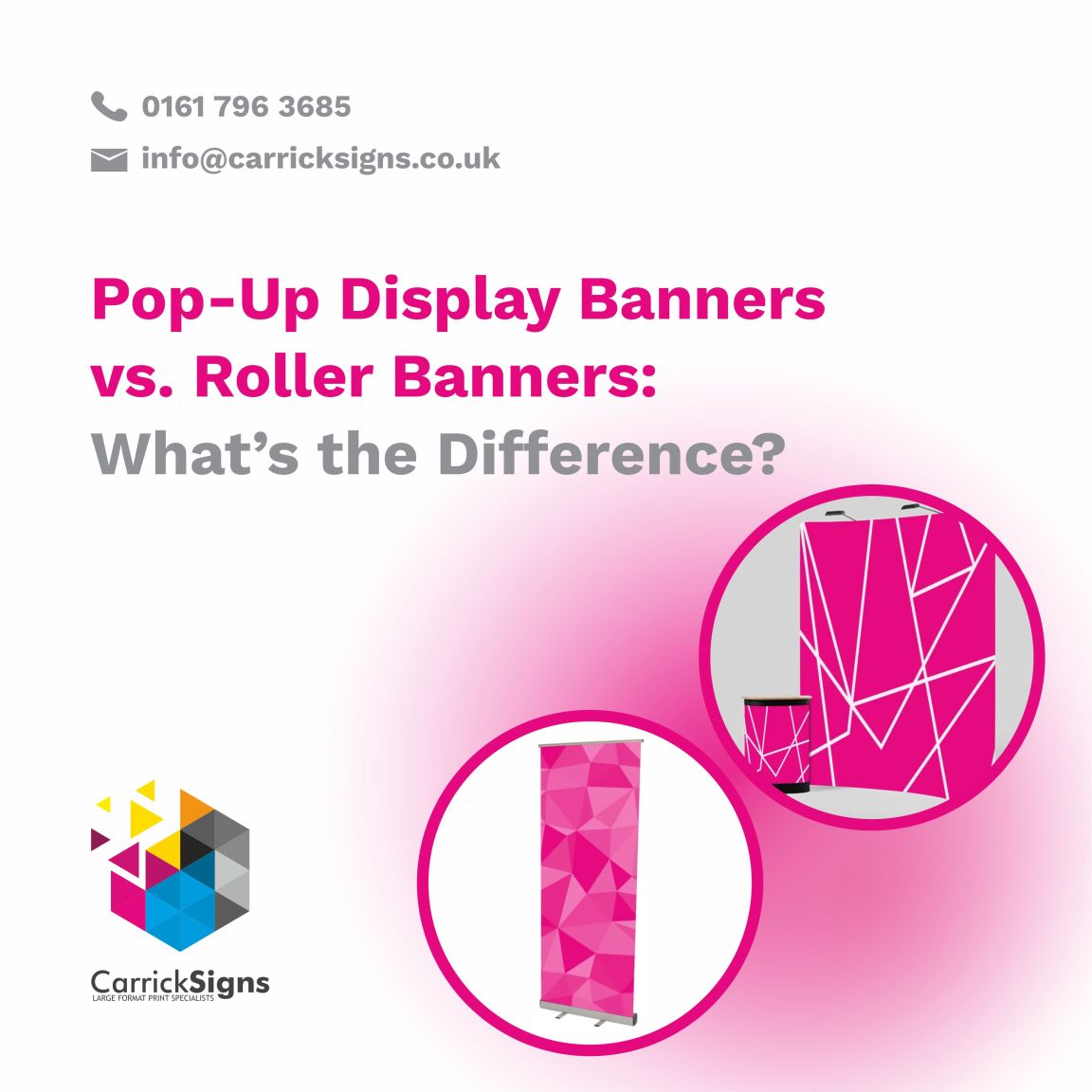 A pop-up display banner and a roller banner positioned next to each other to highlight the difference in size, structure, and overall visual impact.