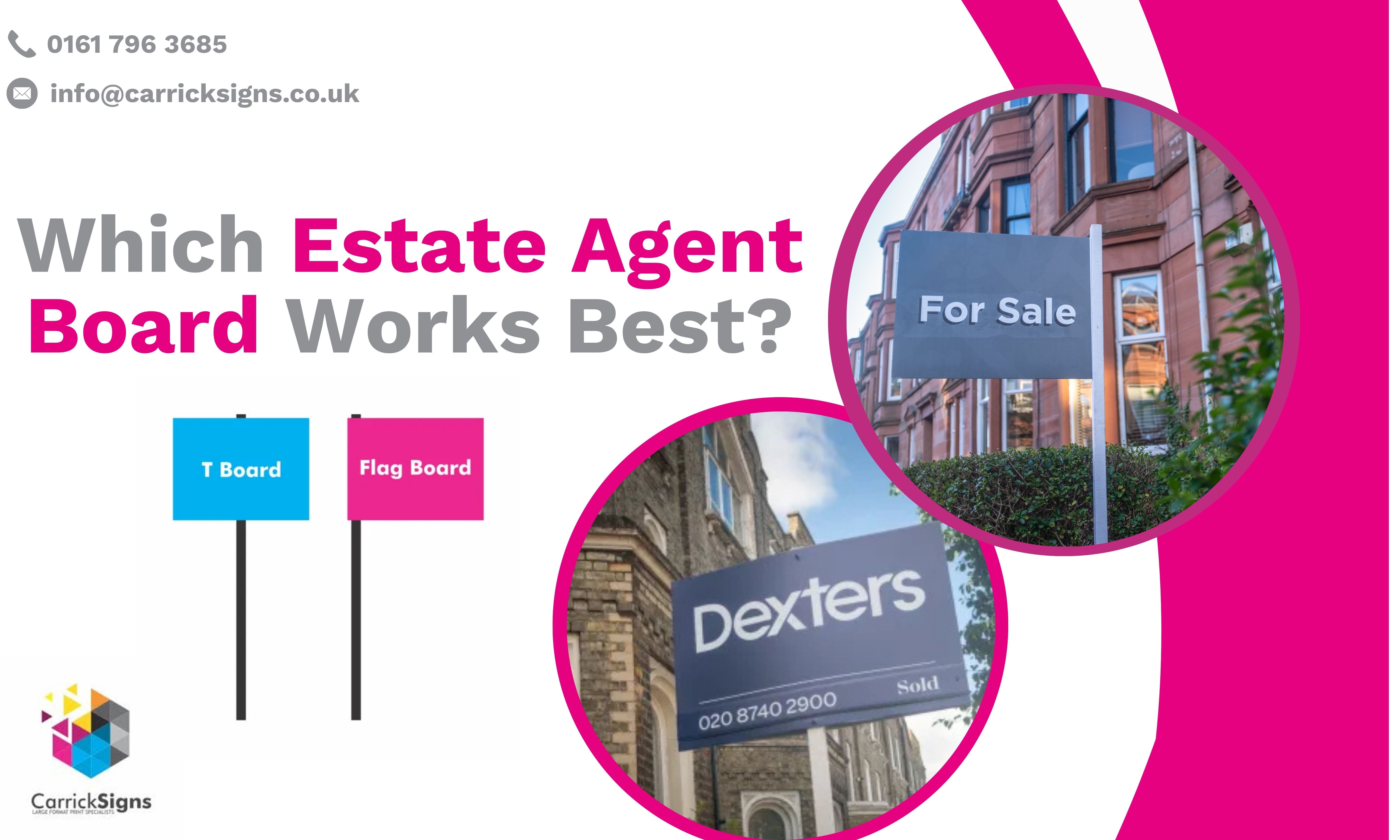 Carrick Signs graphic asking 'Which Estate Agent Board Works Best?' with illustrations of T Boards and Flag Boards alongside photos of real estate signs reading 'For Sale' and ‘ Sold'.