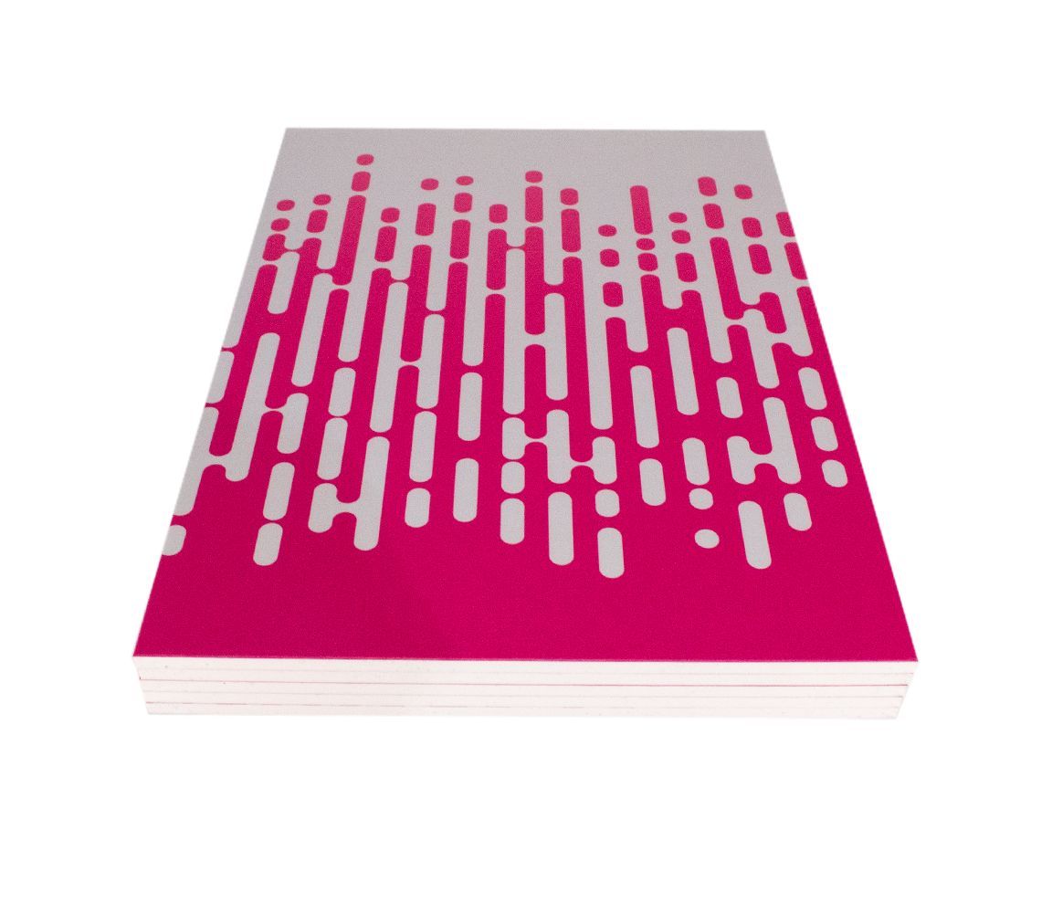 A stack of Foamex boards displayed in Carrick brand colours, showcasing the rigid PVC board material used for indoor and outdoor signage, promotional displays, and Foamex board printing applications.