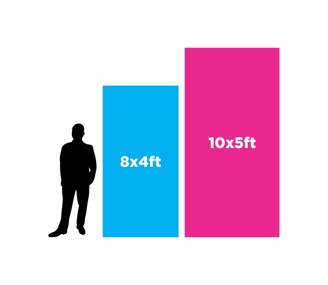 Adult male silhouette standing beside multiple Foamex board sizes for scale comparison.